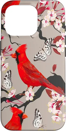 Vista 20 de Funda para iPhone 16 Women Girls Cardinals Red With Floral Butterfly