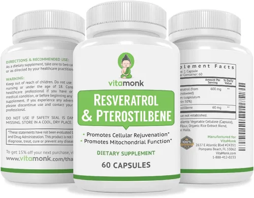 Vista 8 de VitaMonk Resveratrol con pterostilbeno 600 mg/60 mg - Sin rellenos artificiales Suplemento de envejecimiento saludable y longevidad - 60 cápsulas