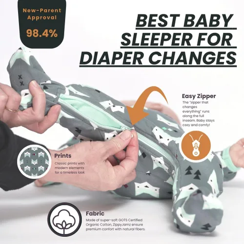 Vista 43 de ZippyJamz - Pijama orgánica para bebé con pies y cremallera para cambiar pañales fácil y rápido