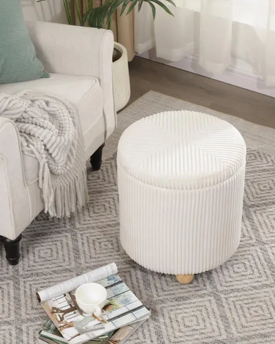 Vista 3 de Adeco Otomana redonda de almacenamiento, taburete tapizado para maquillaje, taburete de terciopelo para dormitorio, dormitorio beige