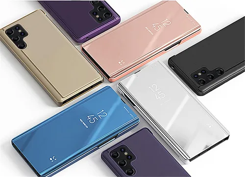 Vista 6 de LEMAXELERS Funda compatible con Galaxy S22 Ultra con diseño de espejo transparente, estilo libro, carcasa protectora ultradelgada con función atril