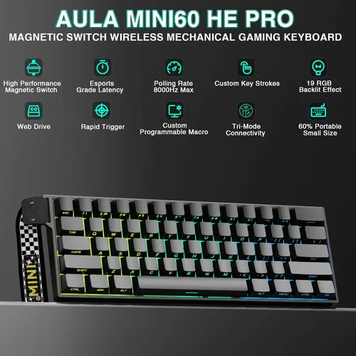 Vista 2 de AULA MINI60 HE PRO - Teclado mecánico 60% inalámbrico para juegos, interruptor magnético de efecto Hall intercambiable en caliente, modo de disparo