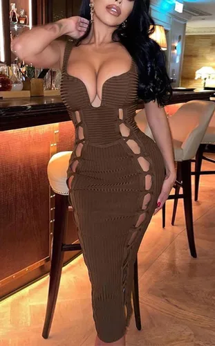 Vista 4 de acelyn Vestido ajustado con tirantes delgados para mujer, sexy, cuello en V profundo, sin mangas, con abertura, vestido midi para fiesta, club