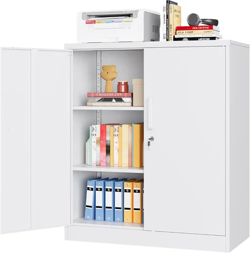 Vista 24 de Armario de almacenamiento de metal con 2 puertas y estantes ajustables, armario de metal ancho, gabinete de almacenamiento bajo, gabinete de acento