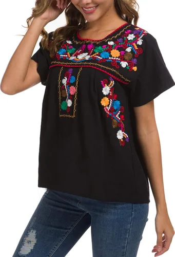 Vista 5 de YZXDORWJ - Cómoda blusa mexicana bordada de verano y sin mangas para mujer