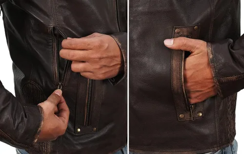 Vista 29 de Lambskin Leather Jacket for Men - Vintage Distressed Brown Biker Coat