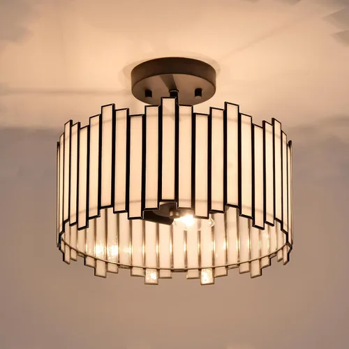 Vista 11 de Lámpara de techo de latón antiguo en forma de tambor, lámpara Tiffany semiempotrada de 12.5 pulgadas con vidrio verde Mable, iluminación colgante
