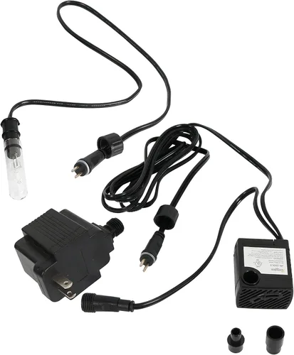 Vista 6 de Bomba sumergible de fuente Sunnydaze 70GPH con luz de dedo y transformador 24V Small Fountain Pump with Adjustable Flow, Hose Adapters, 6' Cord
