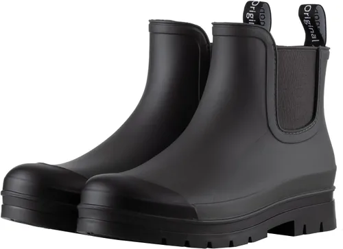 Vista 12 de Planone - Botas cortas de lluvia de ancho amplio para mujer, Chelsea impermeables de moda para mujer, botas de jardín al aire libre mate, botas