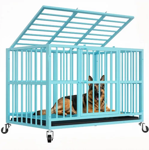 Vista 8 de Jaula para perros de acero resistente de 42 pulgadas a prueba de escape, jaula de doble puerta interior para alta ansiedad, bandeja extraíble