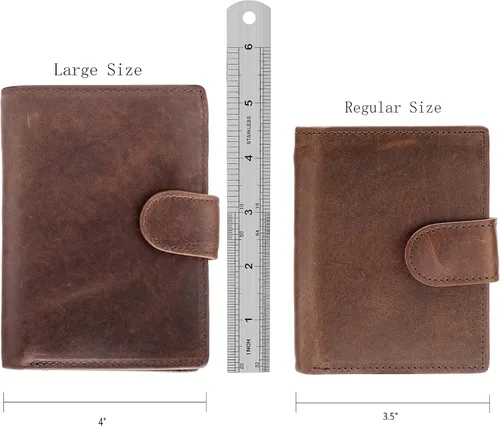 Vista 2 de Tarjetero grande de cuero genuino RFID con cierre a presión, 3 ventanas de identificación para hombres, Classic