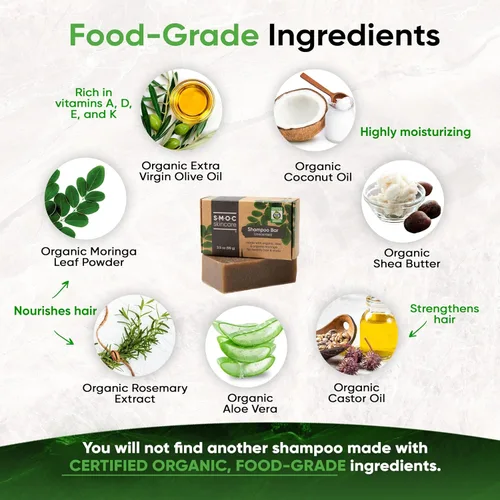 Vista 3 de Barra de champú orgánica certificada para cabello seco a normal, romero y moringa, aloe y aceite de oliva virgen extra para nutrición, ingredientes