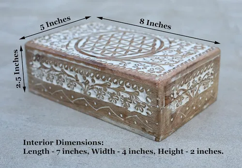 Vista 5 de DharmaObjects Caja grande de madera tallada a mano con flores de la vida, para almacenamiento de tarjetas de tarot, multiutilidad