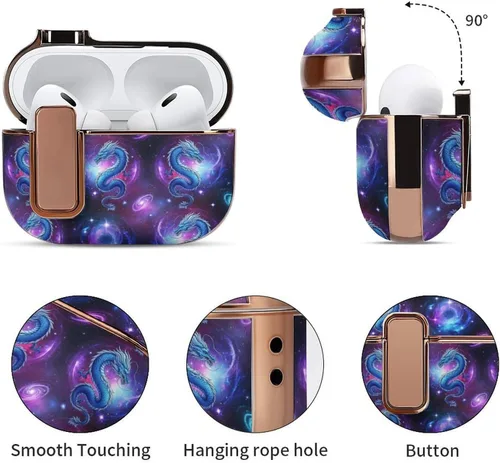 Vista 5 de Full Protective Cover Compatible with Airpods Pro 2 Wireless Charging Case for Women with Lock, Purple Galaxy Dragon, Safe and Shockproof