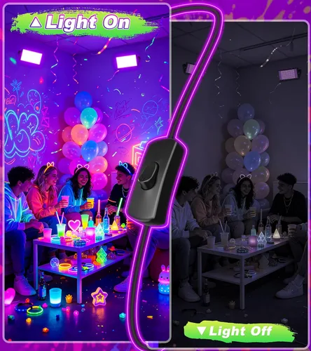 Vista 3 de Luz LED Negra de 100W IP66 Impermeable, Reflector de Luz Negra para Exteriores con Enchufe+Interruptor+Cable, para Halloween, Neón que Brilla