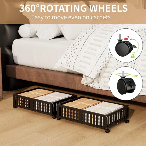 Vista 7 de Almacenamiento de bambú debajo de la cama con ruedas, caja organizadora de zapatos rodante debajo de la cama para zapatos, mantas, juguetes