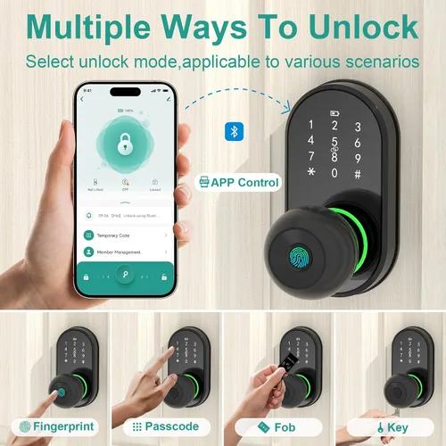 Vista 3 de Cerradura inteligente para puerta de entrada sin llave con perilla, cerradura de puerta con teclado y huella dactilar con mango, código electrónico