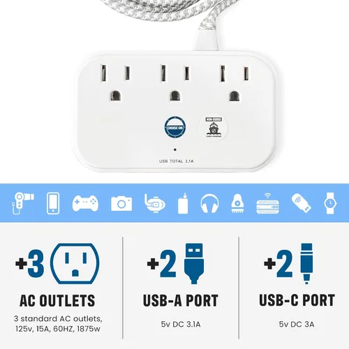 Vista 3 de Regleta de alimentación aprobada por crucero, protector sin sobretensiones con cable de extensión de viaje de 3.3 pies y puertos USB