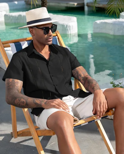 Vista 3 de Camisa de manga corta de lino para hombre de DEMEANOR, camisa guayabera cubana con botones, camisa casual de verano para la playa, la vacación