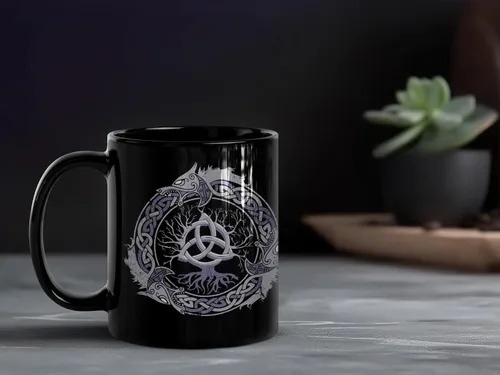 Vista 5 de Soul'n'Passions Triquetra Tree of Life - Taza de cerámica nórdica Yggdrasil, 11 onzas, color negro
