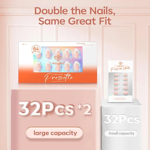 Vista 4 de modelones 64 uñas postizas de punta francesa a presión, uñas postizas cortas de almendra a presión con pegamento de uñas, pestañas adhesivas, lima
