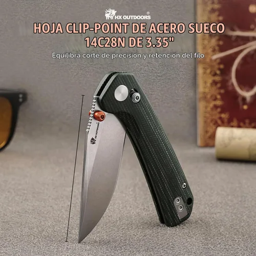 Vista 2 de HX OUTDOORS 2.96 "" bolsillo cuchillo travesaño bloqueo clip 14C28N hoja Micarta mango Verde