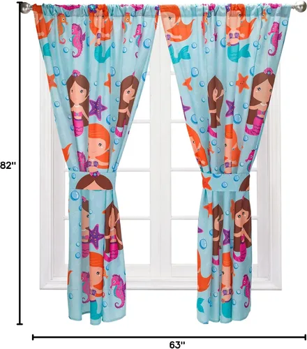 Vista 8 de Cortinas de sirena para dormitorio de niñas con caballitos de mar y estrella de mar; 4 cortinas temáticas de sirena para niños con 2 paneles de 82 x