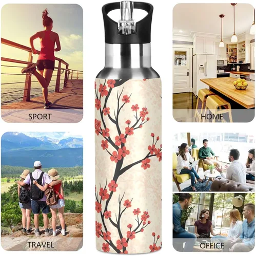 Vista 5 de Insulated Water Bottle 32 Oz, BPA-Free Sports Water Bottle with Straw for Gym Outdoor Travel School, Red Cherry Blossoms Dots