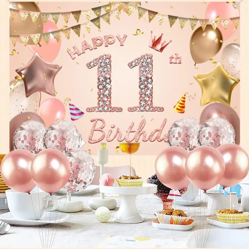Vista 5 de Cartel de tela para decoración de cumpleaños número 11 para niñas de 11 años, cartel de tela para fiesta de cumpleaños de niña, fondo de foto rosa