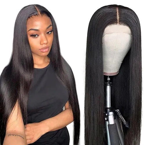 Vista 7 de Pelucas de cabello humano lacio para mujeres negras, encaje frontal de 13 x 4 pulgadas, previamente despuntada, sin pegamento, HD frontal, negro