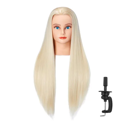 Vista 7 de 26-28" Cabeza de maniquí con cabello de fibra sintética Yaki para estilizar, cabeza de muñeca para entrenamiento de cosmetología, cabeza de maniquí