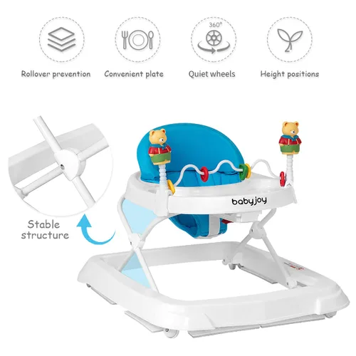 Vista 9 de BABY JOY Andador de bebé plegable, andador de actividades con altura ajustable, bandeja grande y juguetes removibles, andador de bebé con ruedas Azul