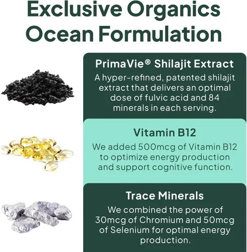 Vista 5 de Organics Ocean Shilajit para hombres y mujeres – Suplemento Shilajit con vitamina B12, cromo y selenio para desafiar la edad, la energía, el apoyo