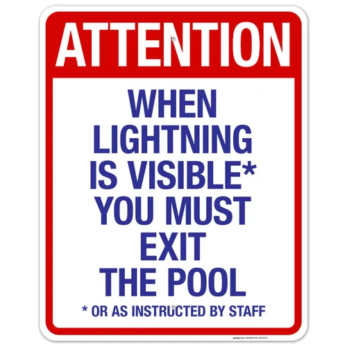 Vista 9 de Letrero con texto en inglés "Attention When Lightning is Visible You Must Exit The Pool - Letrero de piscina, 10 x 14 pulgadas, libre de óxido
