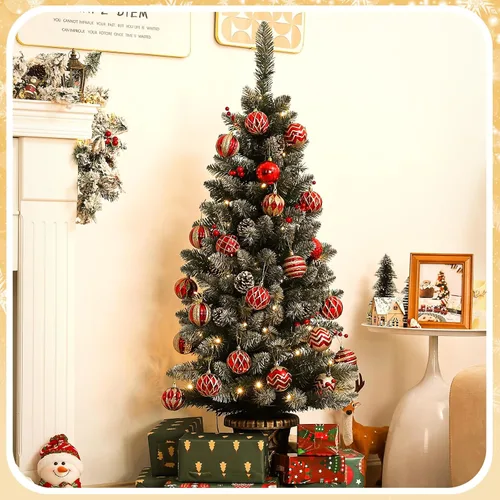 Vista 7 de Decoway Árbol de Navidad de 4 pies preiluminado, mini árboles artificiales con base de maceta dorada, nieve flocada, 70 luces LED blancas cálidas
