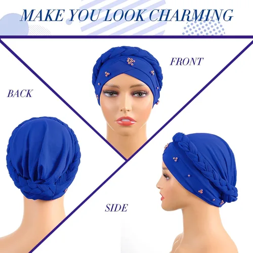 Vista 2 de 6 piezas de turbante africano para mujer, gorras trenzadas con cuentas elásticas