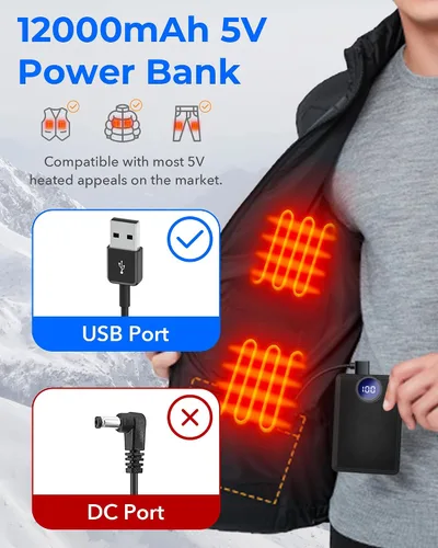 Vista 2 de Paquete de batería de chaleco calefactable, cargador de batería recargable con pantalla LED, entrada tipo C y salida USB-A dual para ropa térmica
