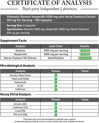 Vista 3 de Vitamatic Diosmin Hesperidin 1000mg con extracto de castaño de indias 100 mg - 180 cápsulas - Complejo de bioflavonoides cítricos - Sin OMG