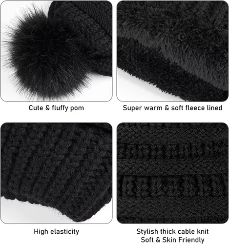 Vista 4 de IYEBRAO - Paquete de 2 gorros de invierno para mujer con pompones y forro polar suave y cálido