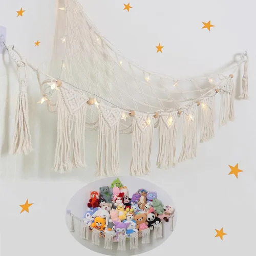 Vista 8 de Red Grande para Animales de Peluche o Hamaca, Hamaca de Juguete de Macramé Boho con Luces LED, Red que Decora la Habitación y Ahorra Espacio