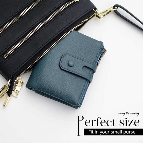 Vista 2 de Bveyzi Cartera pequeña de cuero suave para mujer, con bloqueo RFID, tarjetero con doble bolsillo con cremallera