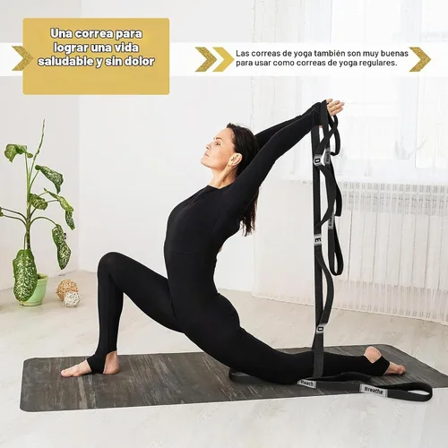 Vista 4 de Correa elástica para yoga, no elástica, con letras y comentarios, 10 bucles para terapia física, ejercicio, pilates, baile, gimnasia