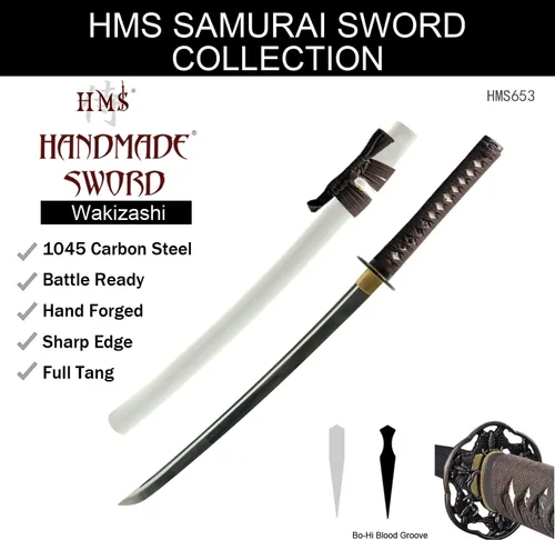 Vista 7 de Espada Wakizashi japonesa hecha a mano, práctica, forjada a mano, acero al carbono 1045/1060/1080, templado al calor, espiga completa, afilada