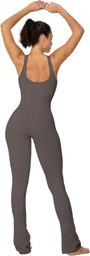 Vista 4 de Sunzel Body sin mangas para mujer, sin costuras, acanalado, con leggings acampanados fruncidos en los glúteos, almohadilla integrada y cuello