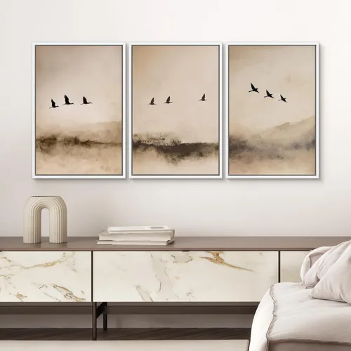 Vista 175 de SIGNWIN Lienzo enmarcado para pared, juego de arte pastel con cadena montañosa, bosque, niebla, naturaleza silvestre, ilustraciones modernas, arte