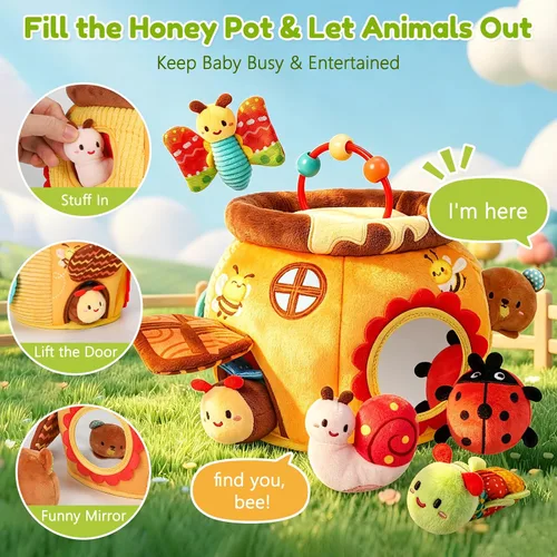 Vista 6 de Juguetes para bebés de 6 a 12 meses, tarro de miel sorpresa con animales de peluche sensoriales, sonajero, crujiente, espejo, juguetes Montessori