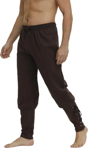 Vista 2 de Parlsdy Disfraz renacentista para hombre, pantalones vikingos, color marrón, mezcla moderna histórica, pantalones cargo talla XS, S, M, L, XL, 2XL