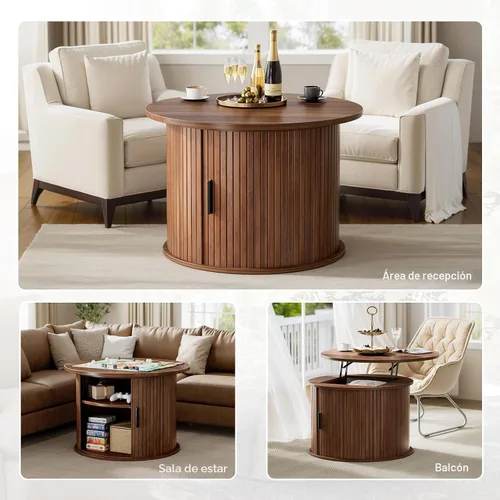 Vista 7 de FABATO Mesa de centro redonda con parte superior elevada, mesa de café con acento de madera estriada con almacenamiento oculto y estantes abiertos