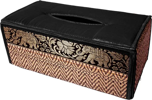 Vista 7 de Elegante estuche para caja de pañuelos hecho a mano con caña, 100% algodón, con funda de raso y dispensador, fabricado con materiales naturales B