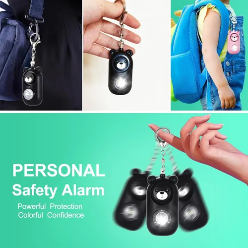 Vista 8 de Llavero de alarma de seguridad personal con luz LED, alerta de emergencia de 130 dB, diseño de oso recargable para mujeres, niños y niñas